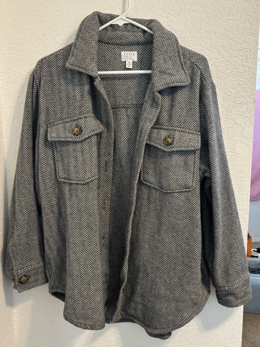 Time and Tru Gray Herringbone Button-Front Jacket